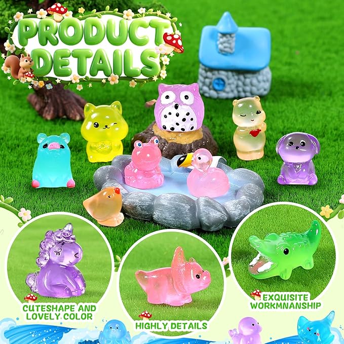 200PCS Luminous Mini Resin Animals 30 Styles, Little Small Animal Figures to Hide Mini Ducks and Resin Animals Variety Pack for Fairy Garden Accessories Micro Landscape Dollhouse Decor.