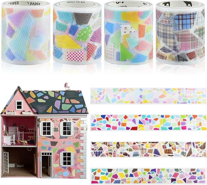 4 Rolls Miniature Dollhouse Mosaic Wallpaper and Flooring Peel and Stick Mini Stone Brick Tile Tape Stickers DIY Self Adhesive Dollhouse Accessories