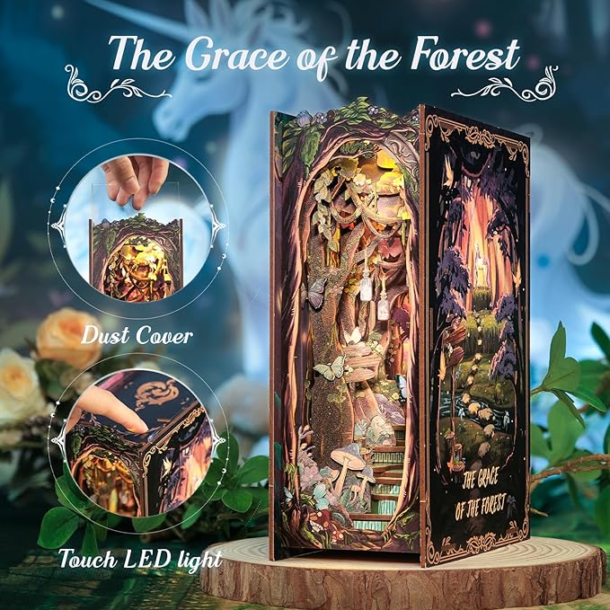 Cutefun Book Nook Kit, DIY Miniature Dollhouse Kit for Adults and Teens, 3D Wooden Puzzle Bookends, Bookshelf Insert Decor w/LED Light Dust Cover, Christmas Birthday Gifts (Forest Unicorn)