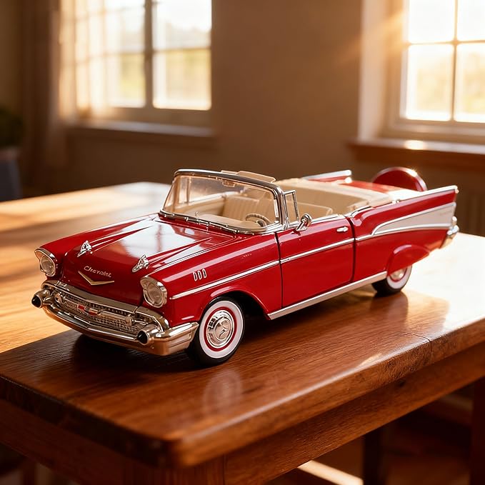 1957 Chevrolet Bel Air Alloy Collector Model Car - 1:18 Scale Classic Replica with Chrome Accents, Opening Doors & Display Base - Iconic American Golden Age Sedan Model (Red)
