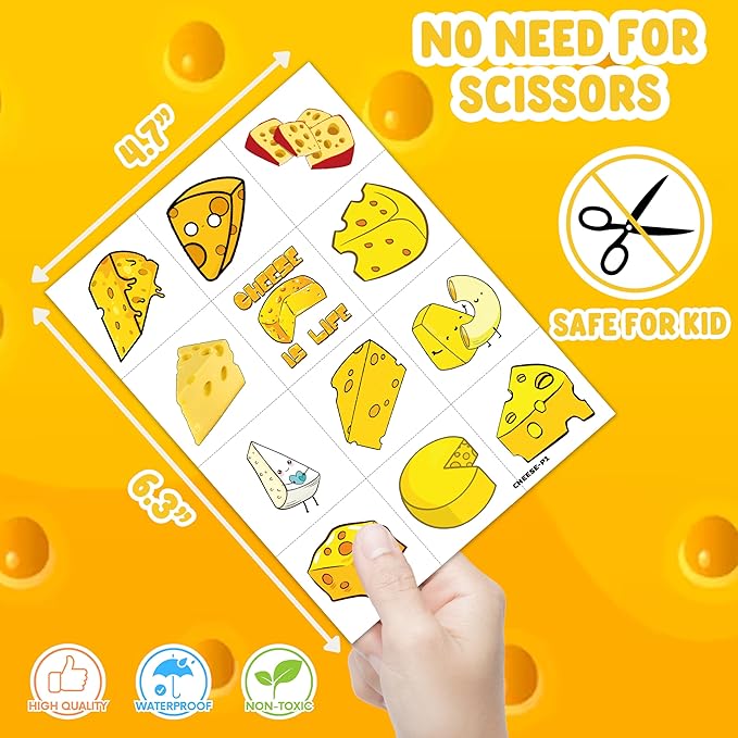96 PCS Funny Cheese Pre-Cut Temporary Tattoos Birthday Party Decorations Supplies Favors Cute Yellow Cheese Dairy Food Sweet Cheesy Decor Stickers For Boys Girls Gift School Prizes Rewards
