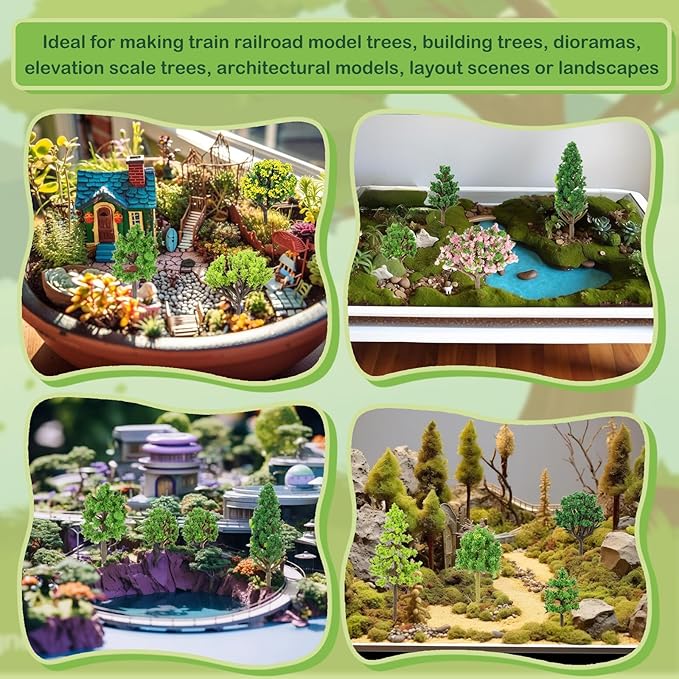 56 Pcs Diorama Trees Kit Include 55 Pcs Plastic Model Trees for Crafts 1 Piece 7.9in-11.8in Green Lawn Decorative Mini Fake Miniature Tree Materials for Scenery Architecture DIY Craft