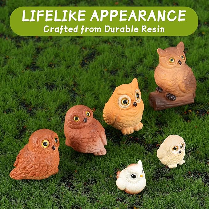 48 Pcs Miniature Owl Figurines 6 Styles Resin Mini Owl Figurines Bulk Animal Figurines Set for Fairy Garden Micro Landscape Pots Bonsai Decorations DIY Props