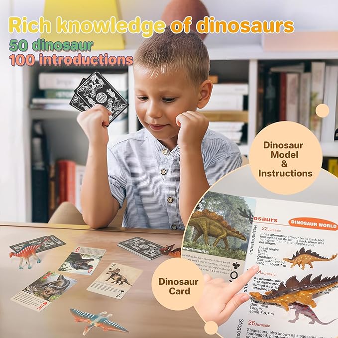 Dinosaur Toys Book with 50 PCS Different Dinosaurs Figures & Pokers,Interactive Perfect for Kids Dinosaurs Educational Toys for 3 4 5 6 7 8 12 Year Old Boys&Girls