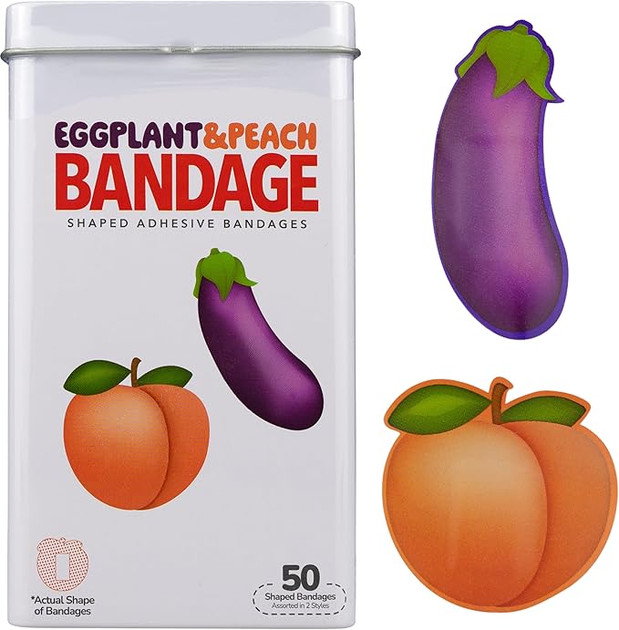 BioSwiss Funny Bandages, Eggplant and Peach Shaped Adult Novelty Self Adhesive Bandage Set, Latex Free, Sterile Wound Care, 50 Count