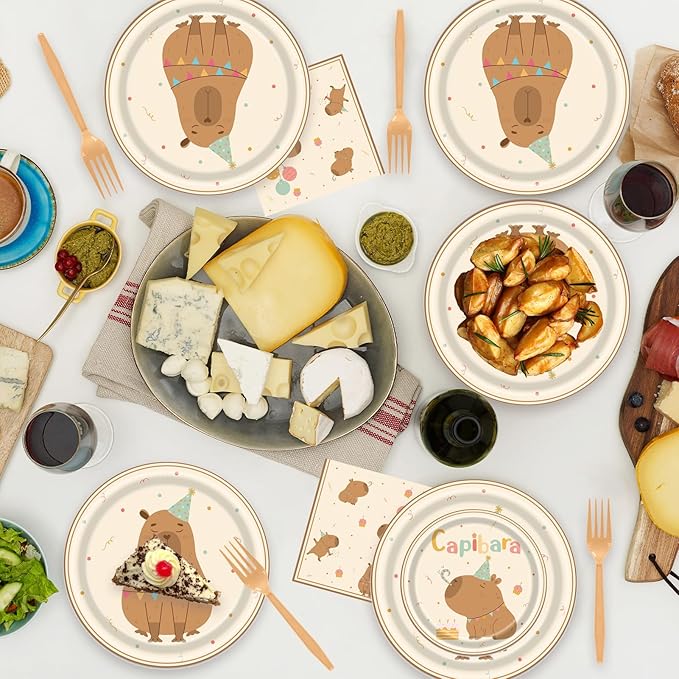 96 Pcs Capybara Party Decorations Pack for Boys Girls, Cute Capybara Birthday Supplies Includes Plates, Napkins, Forks for Animals Themed Party Supplies, Serve 24