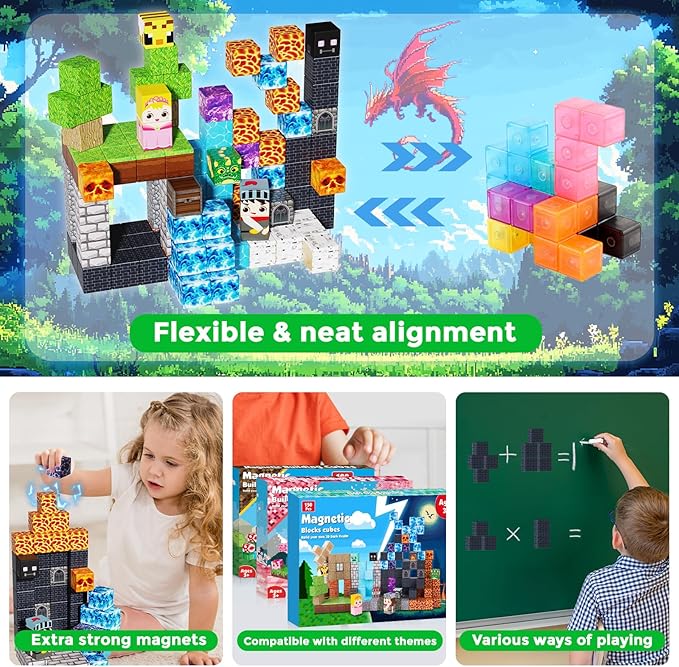150PCS Magnetic Blocks - Magnet Building Blocks, Stacking Magents Cubes Toys Forest Dark Castle Set, STEM Montessori Sensory Toys for Kids Boys and Girls Ages 3 4 5 6 7 8 9 10 Christmas Birthday Gifts
