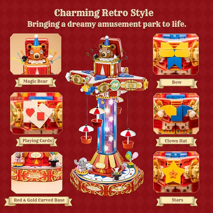 PANTASY Circus Paradrop Building Block Set, Retro Carnival Display Model with LED Lights, Motorized Moving Ride, Colorful Star Columns, Magic Box Teddy Bear, Type-C Powered Interactive Adult Collector