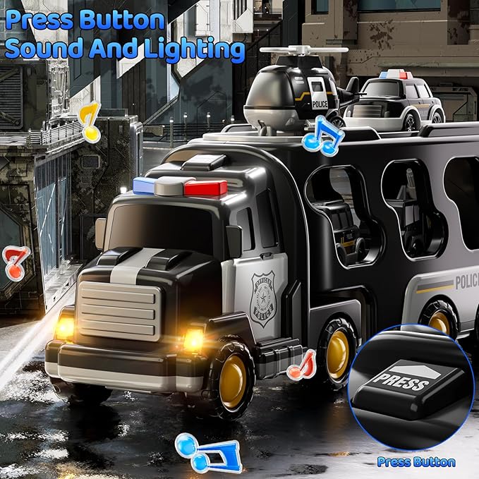 5 in 1 Police Car Carrier Truck Toy for Kids Ages 4-8, Police Truck with Light and Sound, Transporting Vehicle Boy Trucks Toy Sets, Kids Toys 3-5, Birthday Gifts for Boys Girls Aged 4-6 5-7