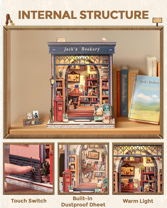 CUTEBEE Book Nook Kit - DIY Miniature House Dollhouse Kit for Adults and Teens, Booknook Tiny House Bookshelf 3D Wooden Puzzle, Gifts for Family (Jack's Bookery)