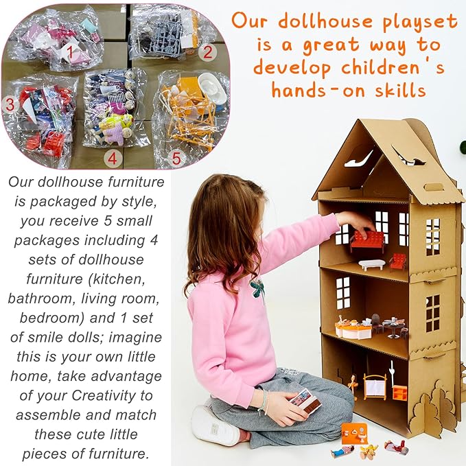 HyDren 83 Pcs Wooden Dollhouse Furniture Set with 8 Dolls Flexible Family Dolls and Fully Furnished Kitchen Living Room Bathroom Bedroom Dining Room Role Play Toys Birthday Gift for Girl Boy