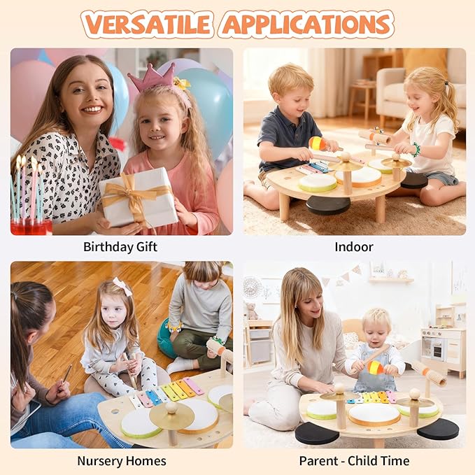 Kids Drum Set, Montessori Musical Instruments for Toddlers 1-3, Wooden Baby Musical Toys, Musical Activity Table Preschool Learning Xylophone Drum Kit, Christmas Birthday Gift for Boys Girls Ages 1-3