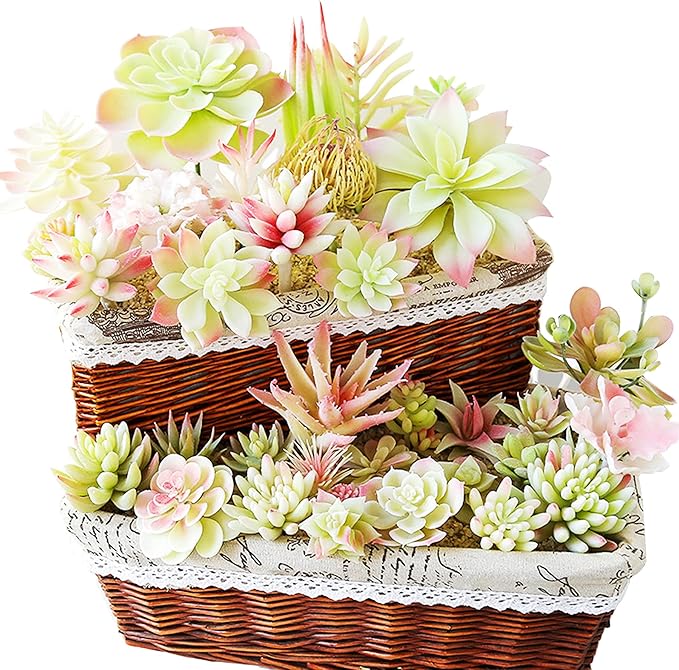 Cayway 20 PCS Artificial Succulents Picks Creamy White Artificial Succulent Plants, Fake Succulent Assortment in Flocked in Different Type for Indoor and Outdoor Home Decor Floral Arrangements