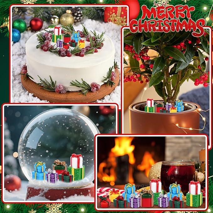56 Pcs Mini Resin Presents,Christmas Figurines Miniature Boxes Tiny Gift Box Figurines Mini Christmas Ornaments for Xmas DIY Craft Tree Village Dollhouse Decor