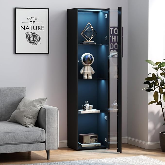 Pvillez 67" LED Display Cabinet with 4 Glass Shelves & 1 Door, Modern Curio Cabinet Collection Display Case Storage Cabinet, High Gloss Floor Standing Bookshelf for Living Room Bedroom Office (Black)
