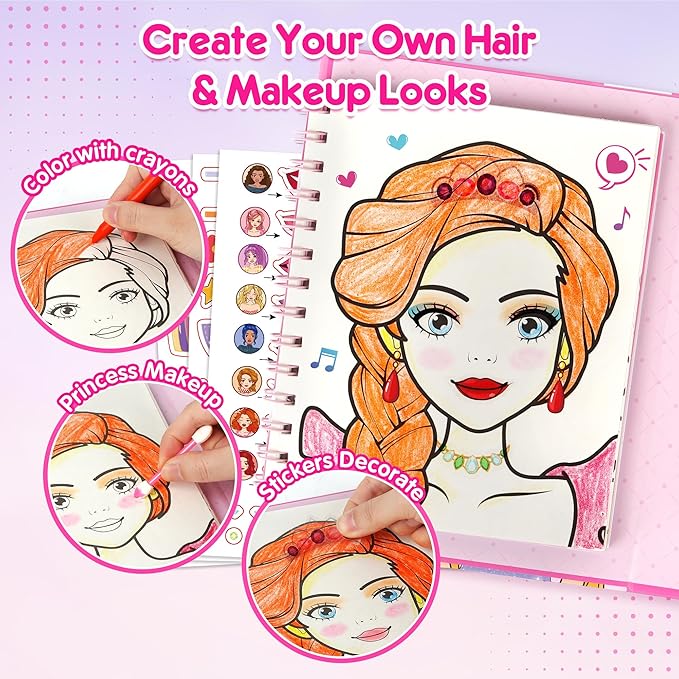 Mocoosy Makeup Art Craft for kids Ages 4-8, Pretend Makeup Coloring Activity Book with Stickers, Fashion Designer Kit for Girls, Travel Game Road Trip Toy Valentine's Gift for Girl 5 6 7 8 9 Years Old