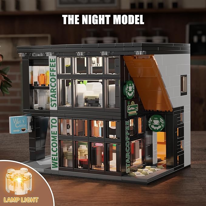City Coffee Shop Building Block Set, 581PCS Architecture Model with Lights for Display & Decor, Realistic Cafe Toy, Christmas/Birthday Gift for Adults & Kids 8-12