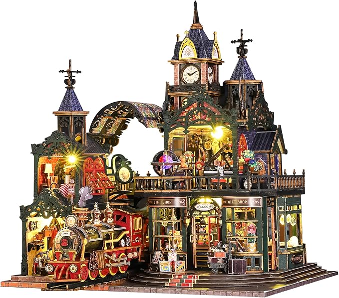 DIY Tiny House, Miniature House Kit Steampunk-Style Rail-Track City Wooden with LED Lights & Music Box & Display Case, Dollhouse Kit for Creative Home Decoration & Adult and Teens Gift