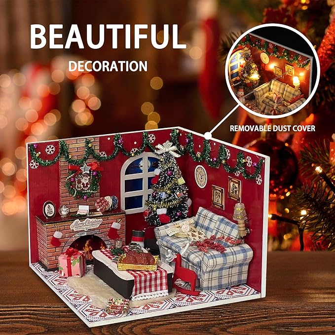 Flever Dollhouse Miniature DIY House Kit Creative Room with Furniture and Glass Cover for Romantic Artwork Gift(Christmas Eve)