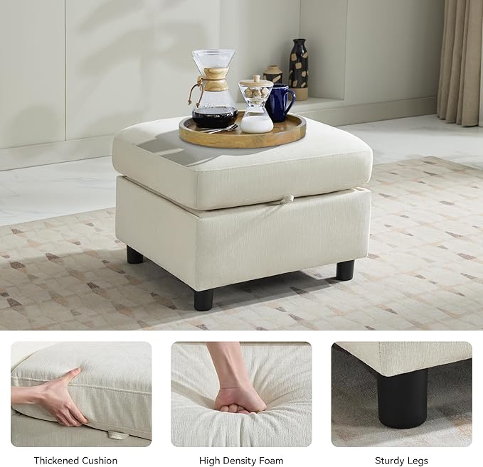 25" Square Storage Ottoman for Modular Sectional Sofa, Convertible Couch Footrest with Hidden Compartment, Chenille Upholstered Coffee Table & Extra Living Room Seating, Beige