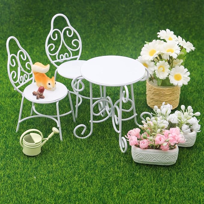 1/12 Scale Dollhouse Table Chair Sets, 9Pcs Metal Miniature Patio Sets, Dollhouse Fairy Garden Bistro Outdoor Furniture Accessories with Jasmine, Daisies, Squirrel and Kettle