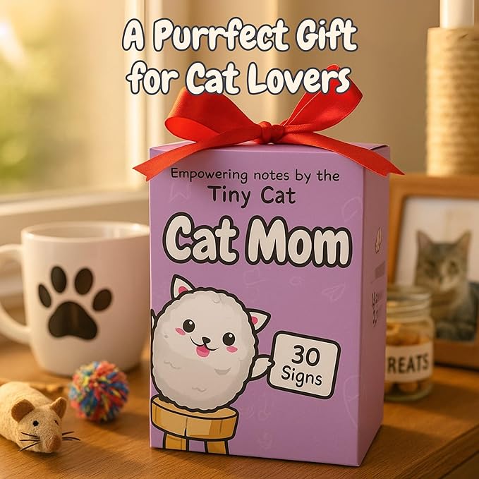 Cat Mom Gifts for Women - 30 Uplifting Affirmations from The Tiny Cat | Cats Lady Presents for Women, Funny Christmas or Birthday Gifts for Fur Mama Present Ideas | Handmade Positive Animal Crochet