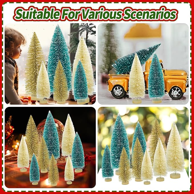 Yahpetes Christmas Trees 9 Pcs Artificial Bottle Brush Tabletop Trees Christmas Table Decorations for Xmas Holiday Party Decor (Blue-Green,Gold,Beige 9Pcs)