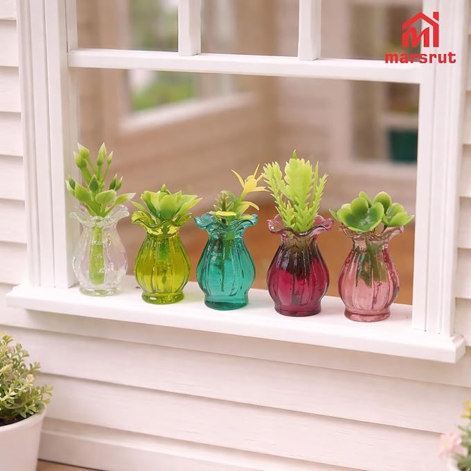8Pcs Miniature Plants for Dollhouse 1/12 Scale, Mini Flower Pots and Glass Vases Bulk Set, Tiny Potted Succulent Buds Accessories for, Micro Landscape, Garden, DIY Crafts, Table Festival Decoration