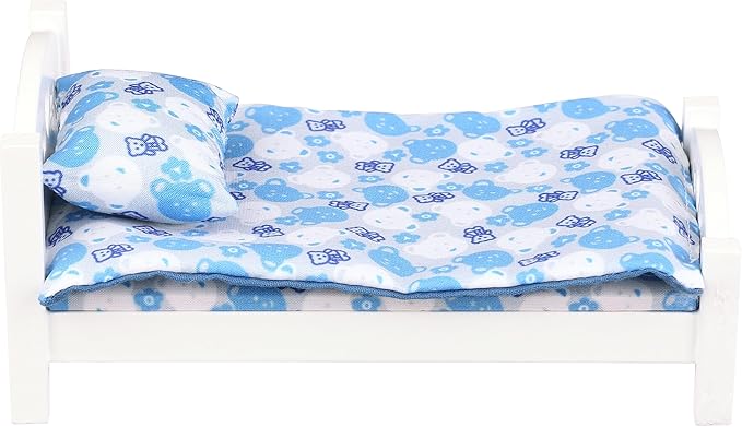 Dollhouse Furniture mini Kid’s Bed Set, Realistic Bedroom Accessories for 6 inch Dolls, Blue Bedding, White Wood, 1/12 Scale