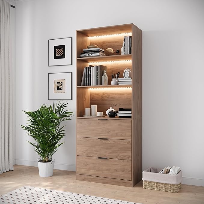 78.7" Walnut Display Cabinet with 3 Drawers, 3 -Tier Storage Cabinet with LED Lights, Tall Bookcasse Storage Cabinet, LED Display Case for Collectible, Living Room, Office, Kitchen