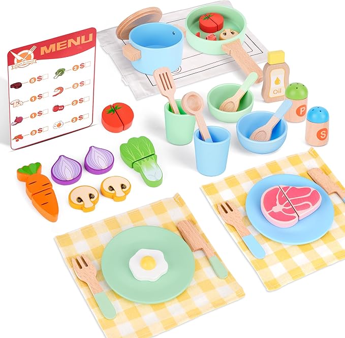 Wooden Play Food Kids Cooking Sets, Play Kitchen Accessories Pretend Play Toys for Toddlers, Kids Kitchen Playset Including Play Dishes, Pot and Pan, Utensils, Gift for Girls Boys 3 4 5 Years Old