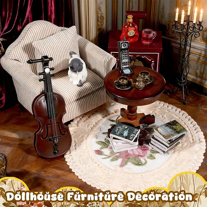 Miniature House Furniture Set Classic Mini Furniture Sofa Set with Pillows Mini Couch Carpet Wooden Furnitures Bookshelf Desk Chair Living Room Scene Decor