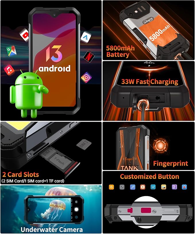 8849PRO Tank Mini,4.3" Android 13 Outdoor Rugged Smartphone Unlocked,Waterproof 4G Mobile Cell Phones with Camping Light,24GB RAM+256GB ROM,5800mAh/GPS/OTG(Support T-Mobile& Verizon Only)