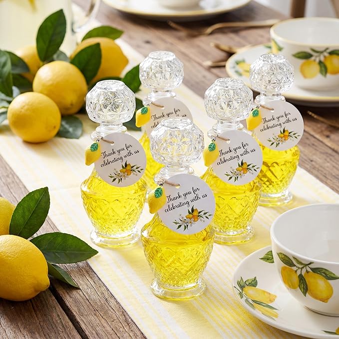Chuangdi 16 Sets Mini Limoncello Glass Bottles Limoncello Bottles with Labels 1.7 oz Lemon Pendants Lemon Party Favors for Homemade Brewing Wedding Baby Shower Gifts(Elegant)