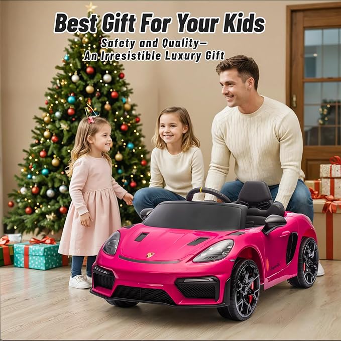12V Ride on Car Licensed Porsche 718, Kids Electric Car with Remote Control, Front/Rear LED Light, Radio, USB/AUX, Openable Doors, Suspension Function, Durable Tires (Pink)