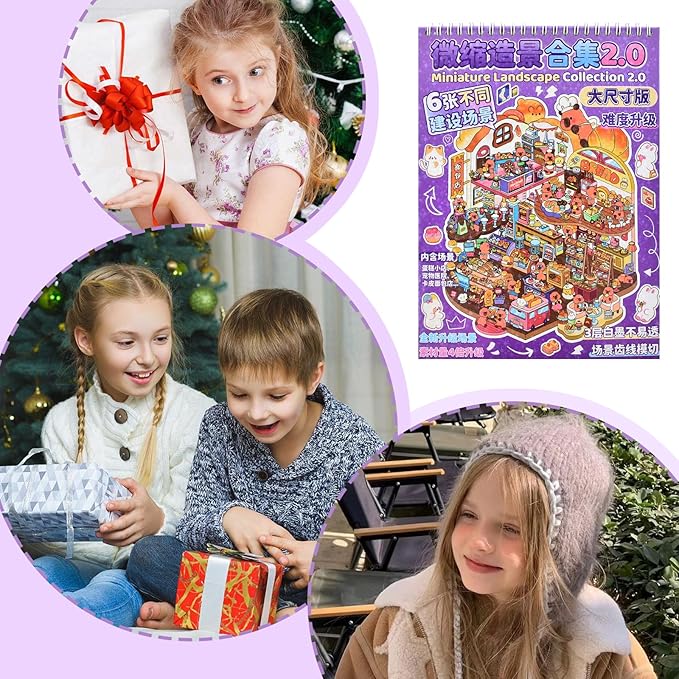 DIY 3D Fun Large Animal House Scene Stickers Book with Tweezers Make Your Own Food Store Pet Hospital Island Sticker Scenes Cute Micro Stickers for Relief Stress Pass The Time(6 Designs)