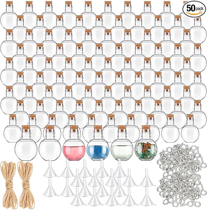 Bokon 50 Pack 1oz Plastic Mini Potion Bottles with Corks Spherical Small Sand Art jar Tiny Clear Ball Shape Liquor Bottles Bulk Wishing Vial for Birthday Halloween Party Favor DIY Crafts Gift