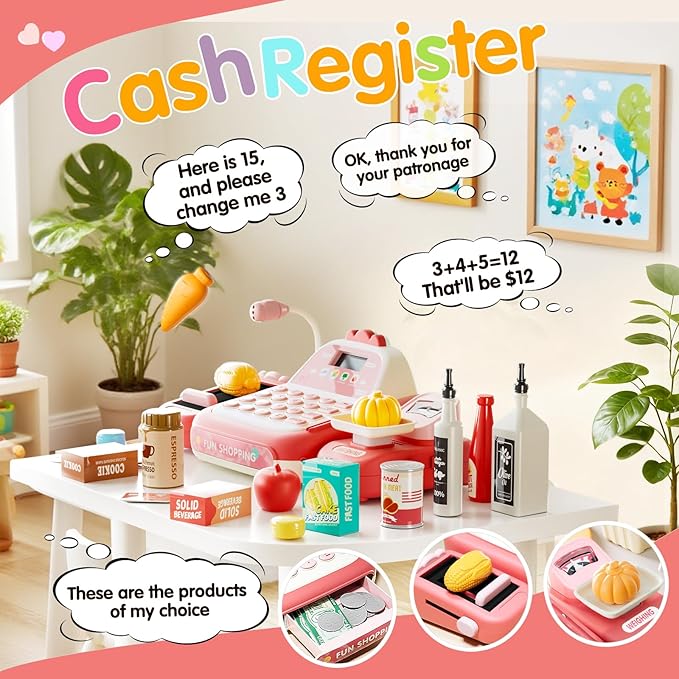 49PCS Pretend Play Cash Register Toy Set for Kids with Real Calculator,Scanner,Microphone,Conveyor Belt,Weighing Tool,Cashier Playset Realistic Gift for Toddler Kid Ages 3 4 5 6 7 8（Pink）