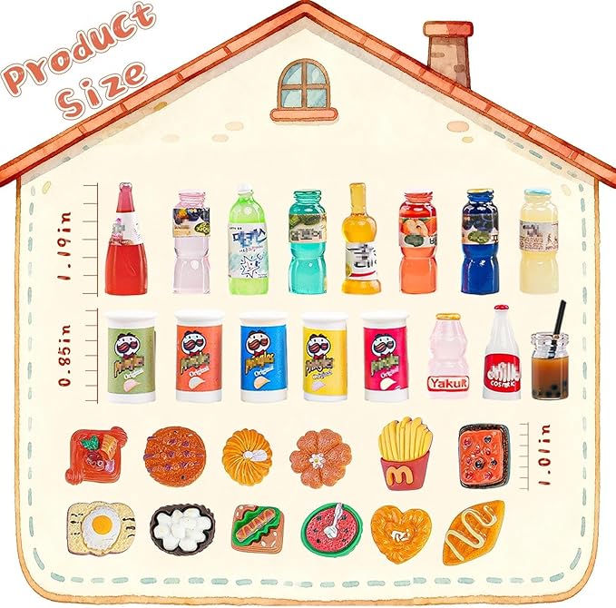100pcs Miniature Food Drink Mini Brand Bottles Soda Pop Cans Cake Ice Cream Pretend Play Kitchen Game Party Accessories Toys for 1/12 Doll House Resin Food Figures Dollhouse Kitchen Decorations