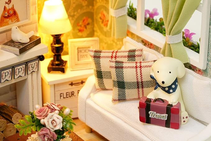 DIY Miniature Dollhouse Kits - Wooden Mini Model House with LED Lights, Tiny Furniture & Accessories – Craft Building Kits for Adults – Birthday Christmas Valentine's Gift- Happy Time