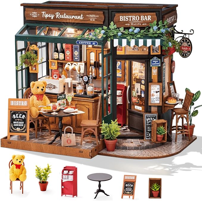 Rolife DIY Miniature House Kit 1:18 Coffe&Bar Dollhouse Diorama Model, Build Mini House Building Kit with LED Light Hobby Crafts for Adults Gift for Him Her (Tipsy Restaurant)