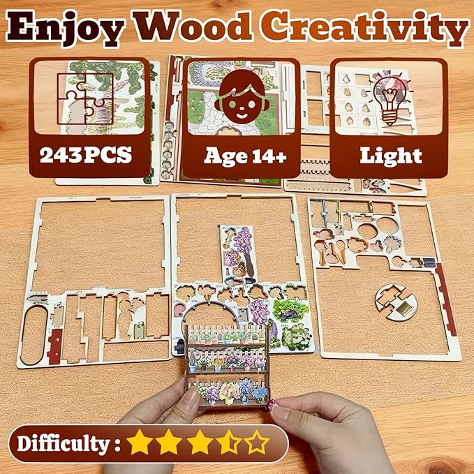 3D Wooden Puzzles Book Nook Kits for Adults Miniature House Building Kits, DIY Tiny Wooden Crafts Model Bookshelf Decor with LED Lights, Gifts for Family, Friends, Christmas(Flower Shop)
