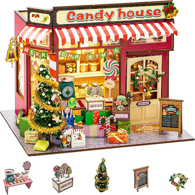Flever DIY Miniature House Kit, Tiny Home Kit with LED Light, Mini House Build Craft Kits for Adults and Teens, Home Decor Creative Gift for Family/Friends (Christmas Candy House)