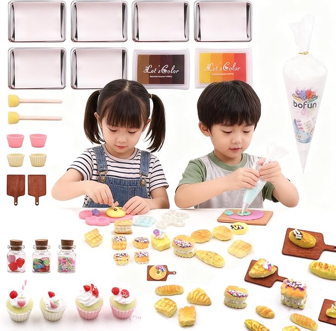 BoFUN DIY Mini Food Craft Kit for Kids Ages 8-12, Teens & Girls & Women, Miniature Makers Air Dry Resin Clay Set, Birthday Gift for Craft Lovers, Dollhouse Collectors& Family Activity (Bake DIY)