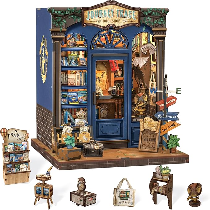 Cutefun Book Nook Kit - DIY Miniature Dollhouse Booknook Kit for Adults and Teens, Tiny House Bookshelf Insert Decor with LED Light, Gifts for Family and Friends (Journey Trace Bookshop)
