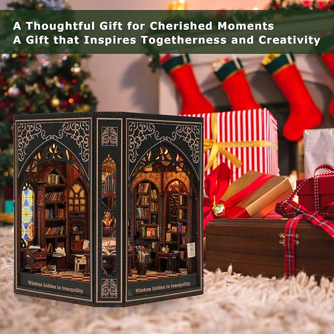 Book Nook Kit – 3D Wooden Puzzle Miniature Dollhouse, DIY Craft for Teens and Adults, Vintage Design with LED Lights and Touch Switch（Classical Library）