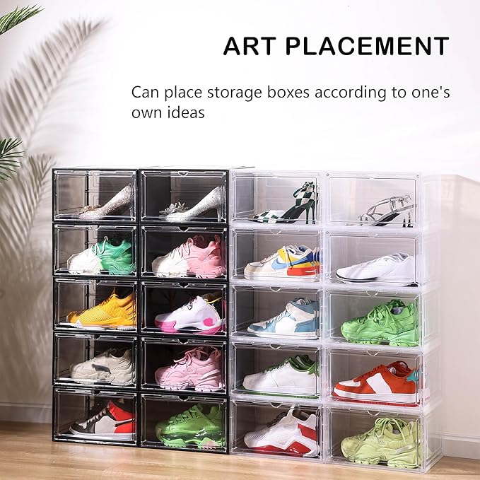 Clear Shoe Box Plastic Stackable Upgraded 6 Pack Shoe Storage Box Organizer with Clear Large Magnetic Door for Display Sneakers Easy Assembly, White