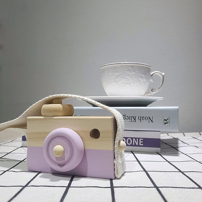 Cynzia Baby Wooden Mini Camera Toy, Kid Cute Mini Sharpe Toy Neck Hanging Photographed Props for Toddlers Children Kids' Room Hanging Decor Gift (Purple)
