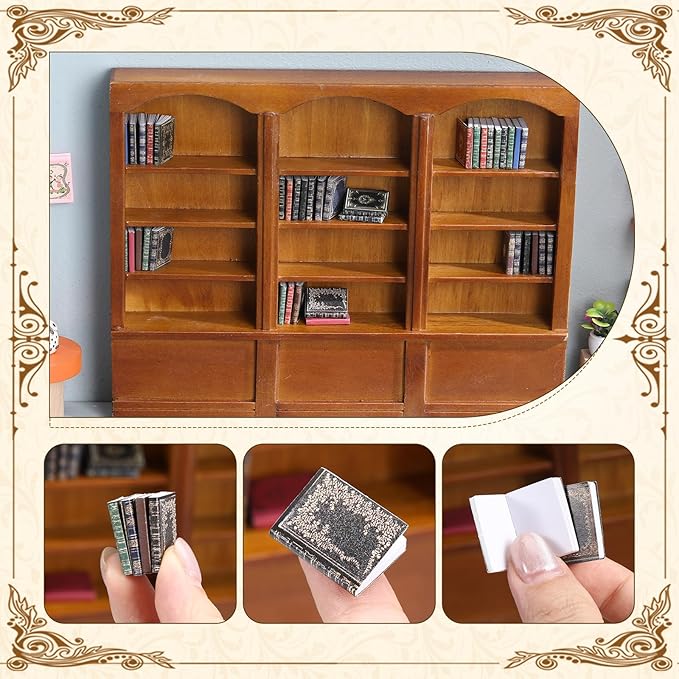 1:12 Scale Dollhouse Miniature Wooden Bookshelf with 48 Pcs Miniatures Books, Mini Bookcase Tiny Books for Dollhouse Mini Library Furniture Christmas Decoration Gift(Brown)