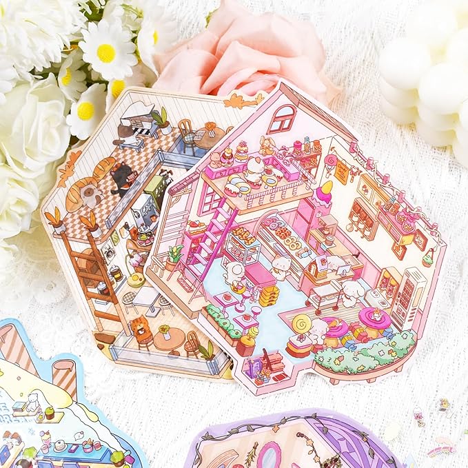 24 Sets 3D Scene Sticker Therapy Fun Cartoon Make Your Own Room Shop Scenes DIY House Stickers for Kids Cartoon Animal Relief Stress Own